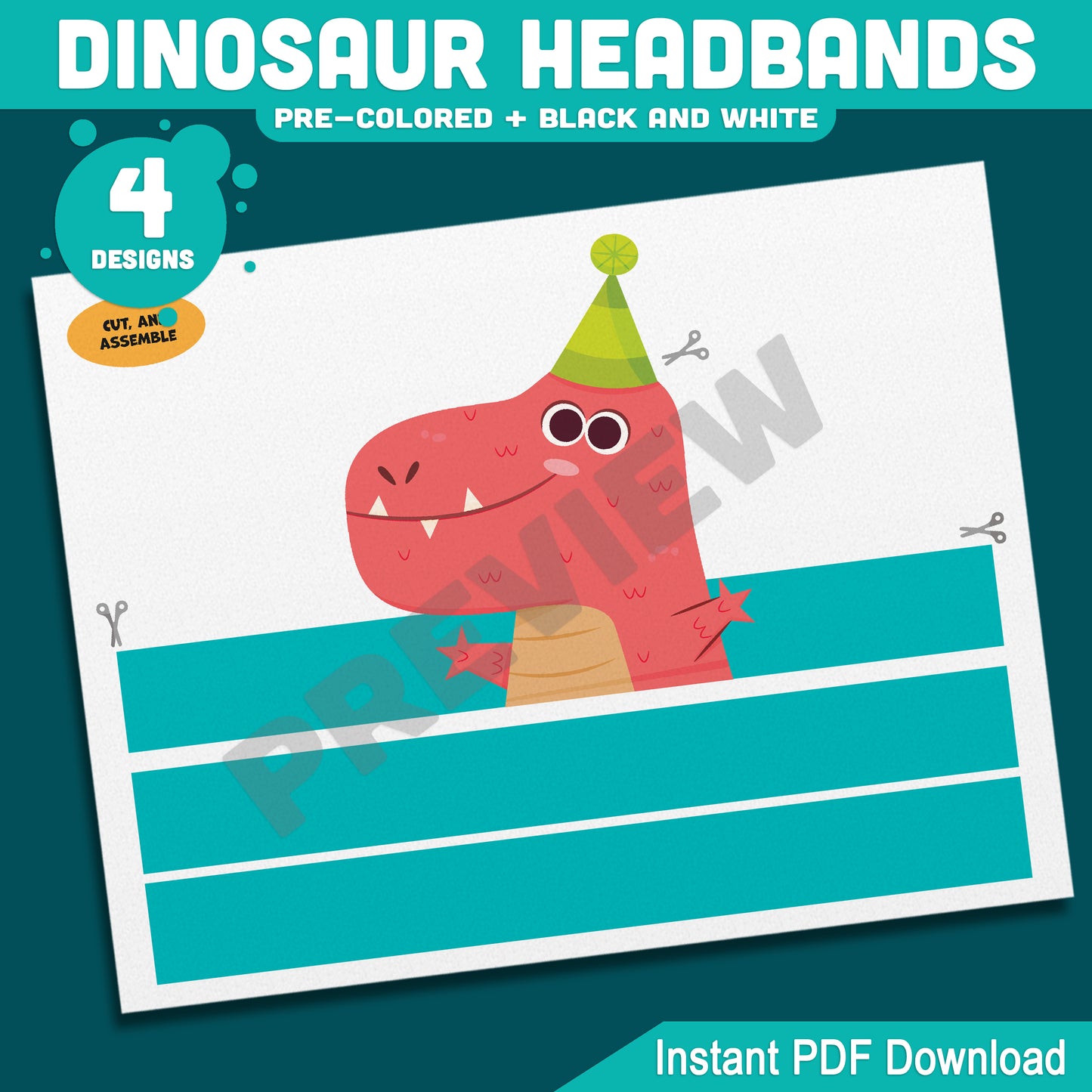 Dinosaur Birthday Headbands, Printable Paper Crowns, Color Your Own Party Hats, Wearable Dinosaur Craft, 4 Designs, US Letter, A4