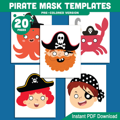 Fun Pirate Mask Templates: 20 Printable Designs for Kids, Pre-Colored & Black and White, Ideal for Costumes, Pretend Play, and Events!