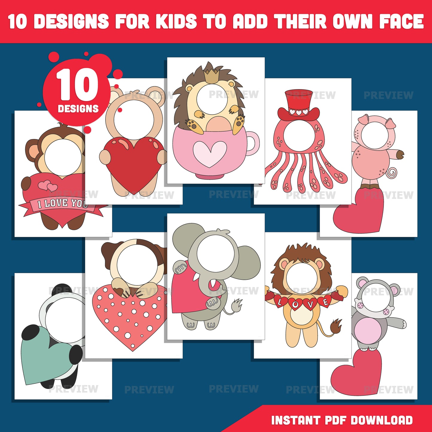 Valentine Animal Add Your Own Face Crafts, Valentine Animal Body Templates with Coloring Pages, Fun Valentine Classroom Activity, PDF & PNG