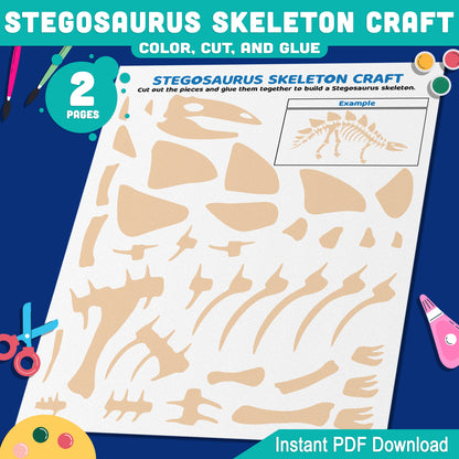 Stegosaurus Skeleton Craft, Dinosaur Color, Cut and Paste Activity, Printable PDF, Pre-Colored, Black and White, US Letter, A4