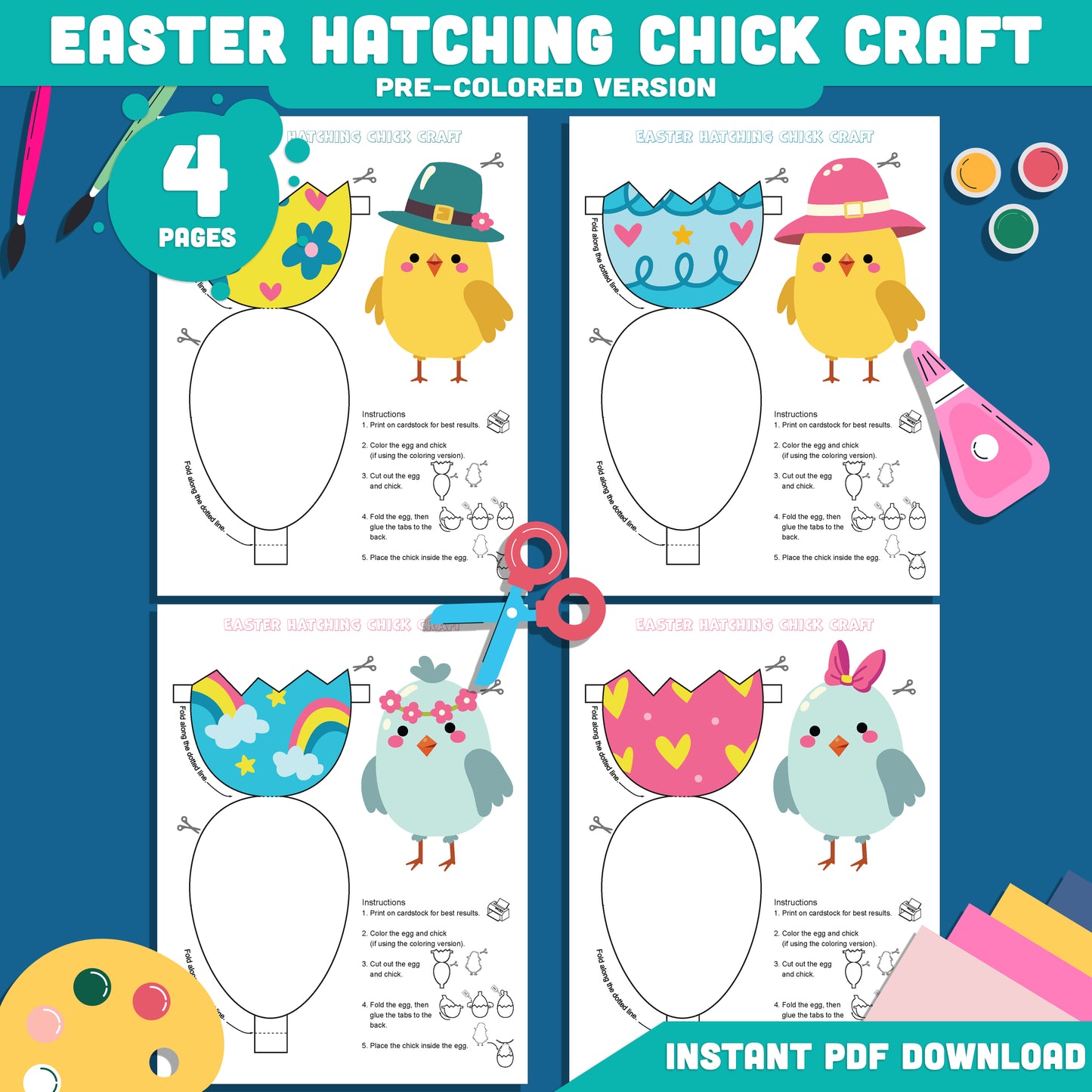 Easter Hatching Chick Paper Craft for Kids, DIY Easter Egg Craft Printable Templates, Spring Cut and Paste Activity, 4 Designs, Classroom Craft