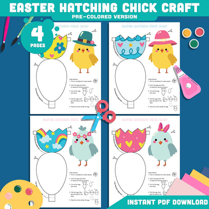 Easter Hatching Chick Paper Craft for Kids, DIY Easter Egg Craft Printable Templates, Spring Cut and Paste Activity, 4 Designs, Classroom Craft