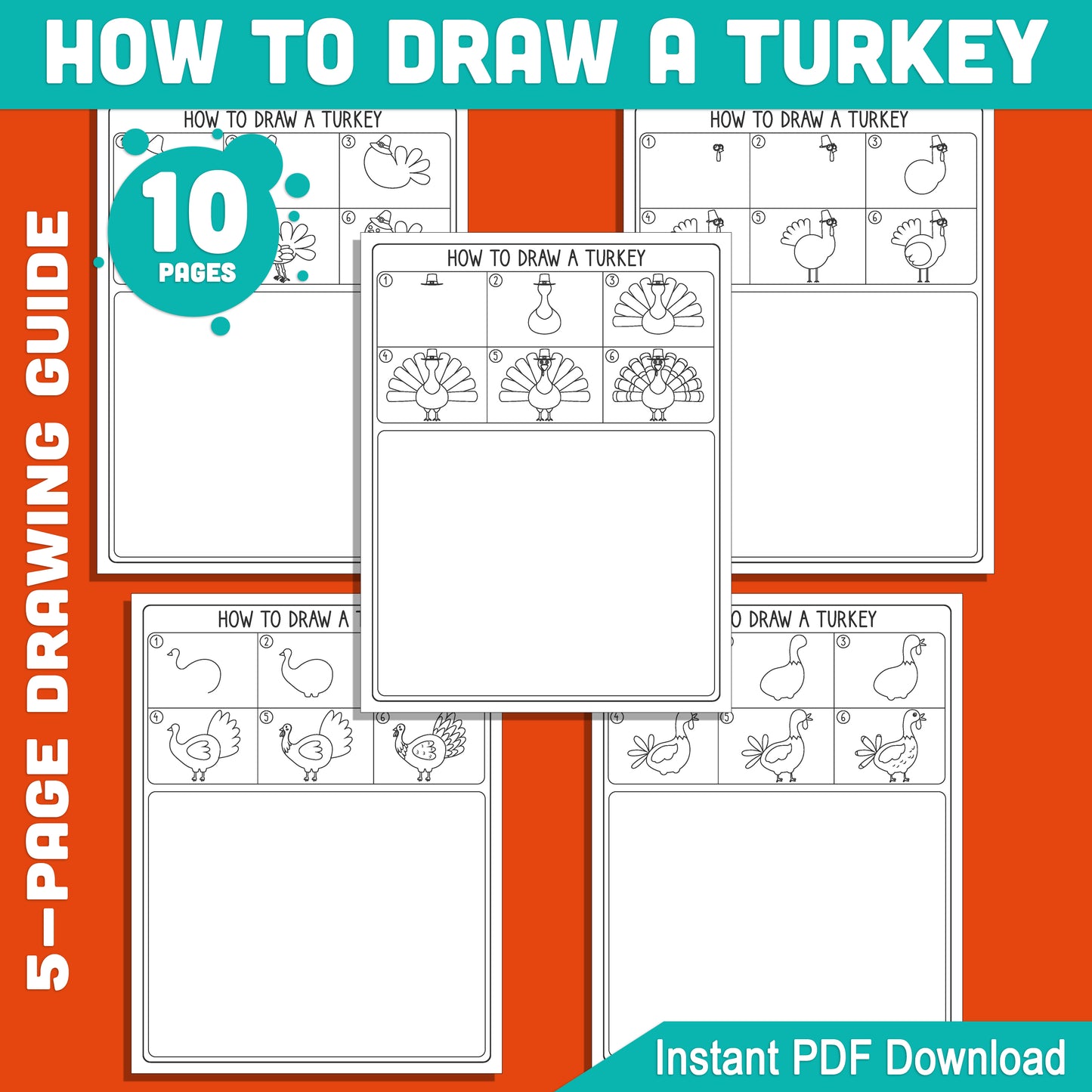 How to Draw a Turkey for Thanksgiving: 5-Page Kids Step-by-Step Art Tutorial with Bonus Fun Coloring Pages, PDF Instant Download for Holiday Creative Fun