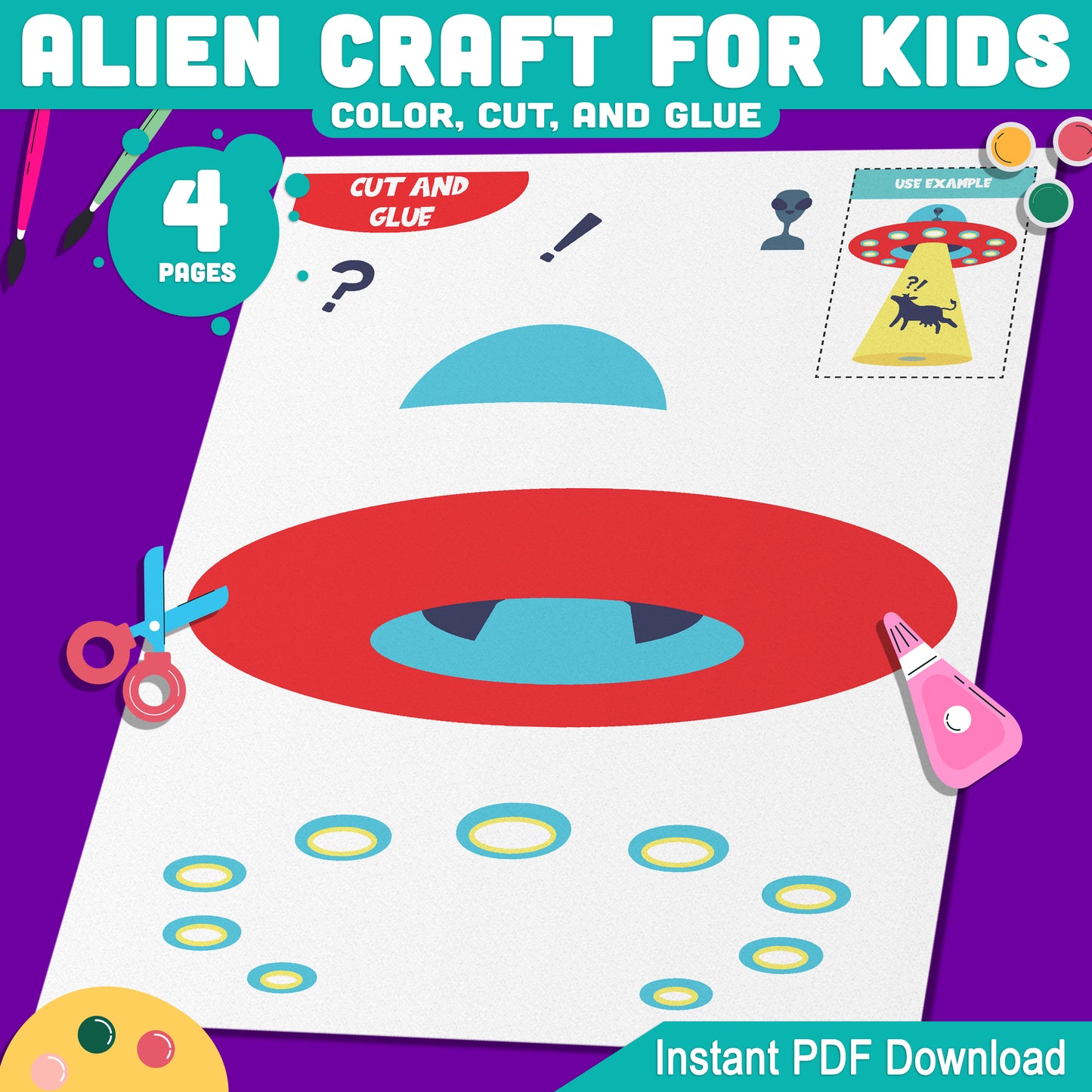 Alien Craft for Kids: Fun Printable Templates for Space-Themed Cut and Glue Activity, 4 Pages with Pre-Colored + Black & White
