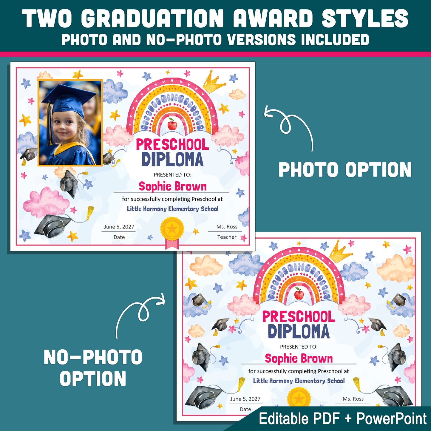 Preschool Graduation Certificate, Printable Rainbow Awards for End of School Year Celebration, Editable Preschool Keepsake Set Photo and No Photo, PDF PowerPoint