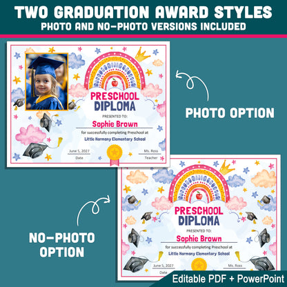 Preschool Graduation Certificate, Printable Rainbow Awards for End of School Year Celebration, Editable Preschool Keepsake Set Photo and No Photo, PDF PowerPoint