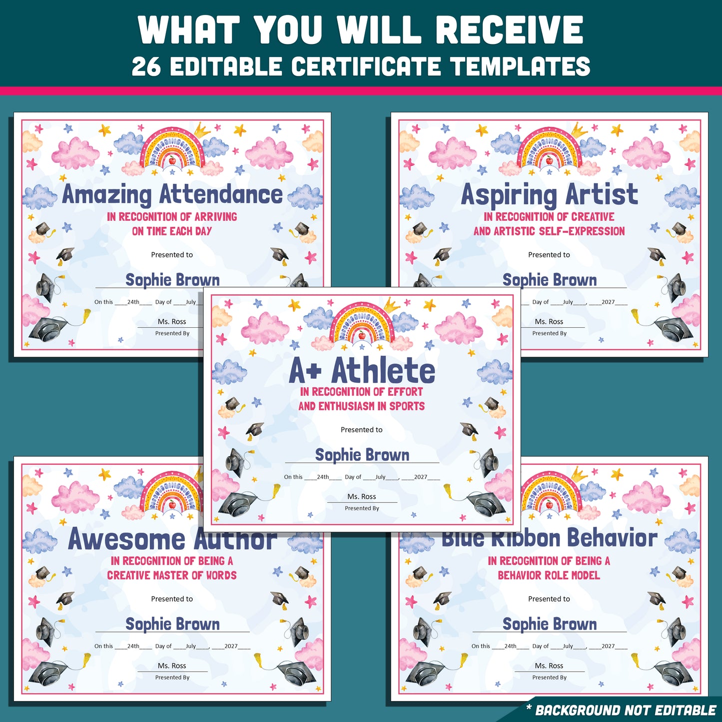 Editable End-of-Year Awards for Preschool, TK, Pre-K, Kindergarten, and 1st Grade, Printable Student Recognition Set, 26 Unique Awards