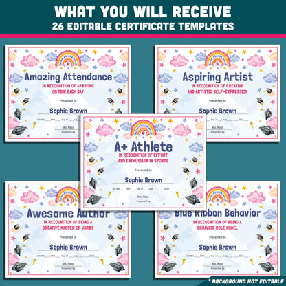 Editable End-of-Year Awards for Preschool, TK, Pre-K, Kindergarten, and 1st Grade, Printable Student Recognition Set, 26 Unique Awards