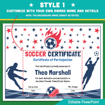 Editable Soccer Certificates | 4 Styles with Photo Options | Youth Team Awards, Player Recognition - 8.5x11 PowerPoint Instant Download