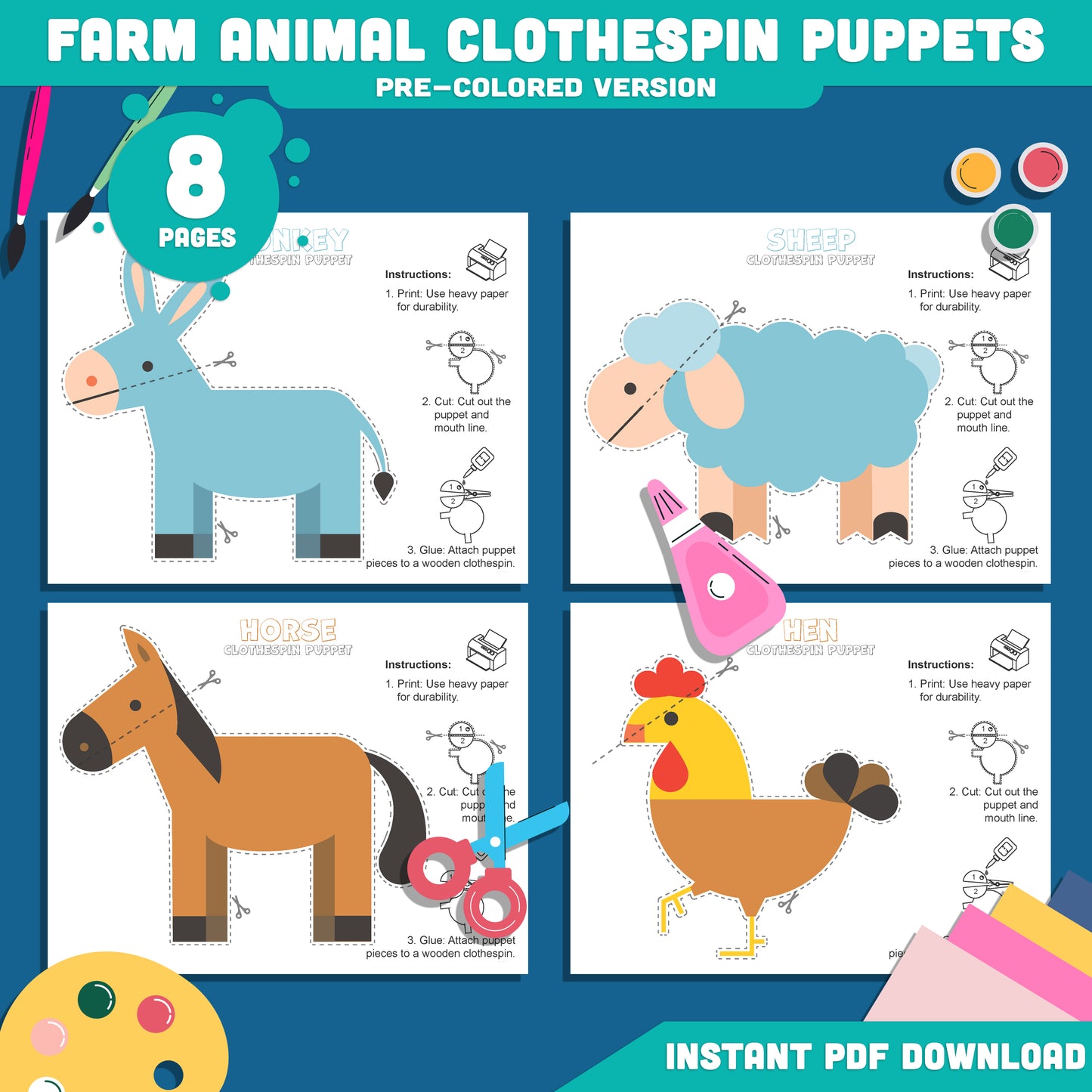 Farm Animal Clothespin Puppets: 8-Page Printable Craft Set with 4 Unique Designs, Pre-Colored and Black & White, Perfect for Fun Dramatic Play.