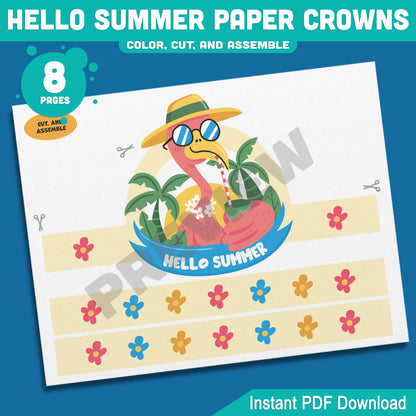 Hello Summer Paper Crown Craft for Kids – Beach Headbands in 4 Designs, Color and Black & White Printable Hats, Instant PDF, 8 Pages