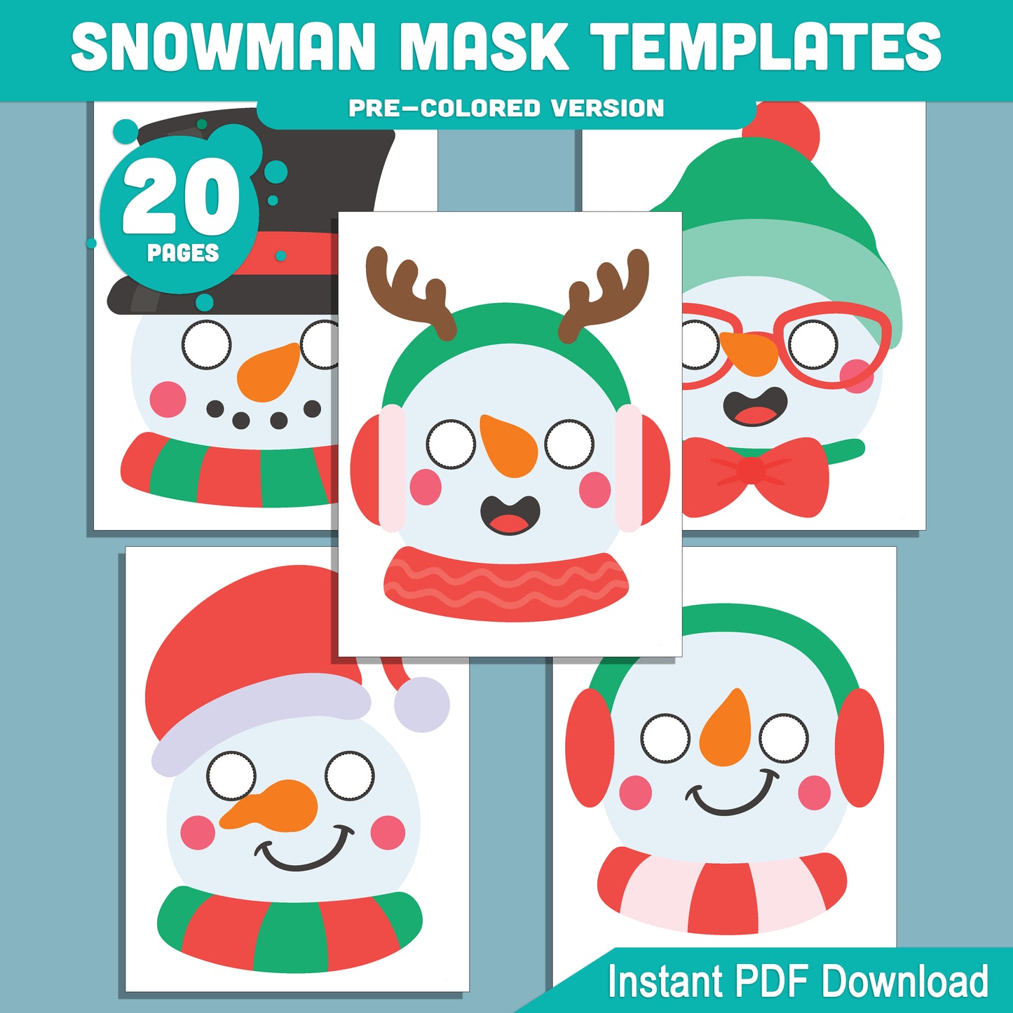 Printable Snowman Mask Templates: 10 Fun Holiday Paper Craft Designs for Kids, 20 Pages (10 Pre-Colored + 10 Black and White), Perfect for Classroom or Home