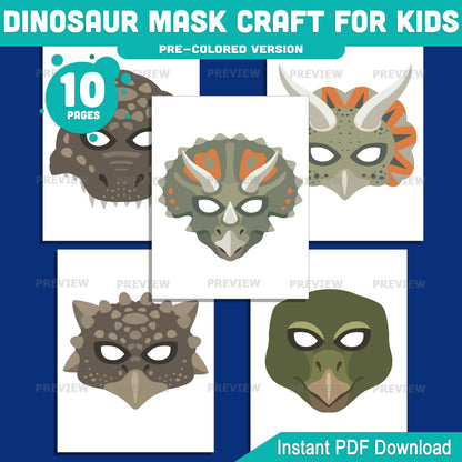 Dinosaur Face Coverings Printable, Prehistoric Character Outlines, Toddler Role Play Resource, Early Learning Craft Center, 10 Designs, Precolored Black and White, 8.5 x 11, Instant PDF Download