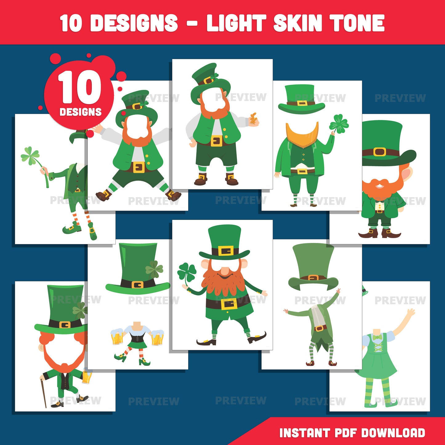 Add Your Own Face St. Patrick’s Day, Leprechaun Body Templates, Printable Coloring Craft for Kids Classroom Use