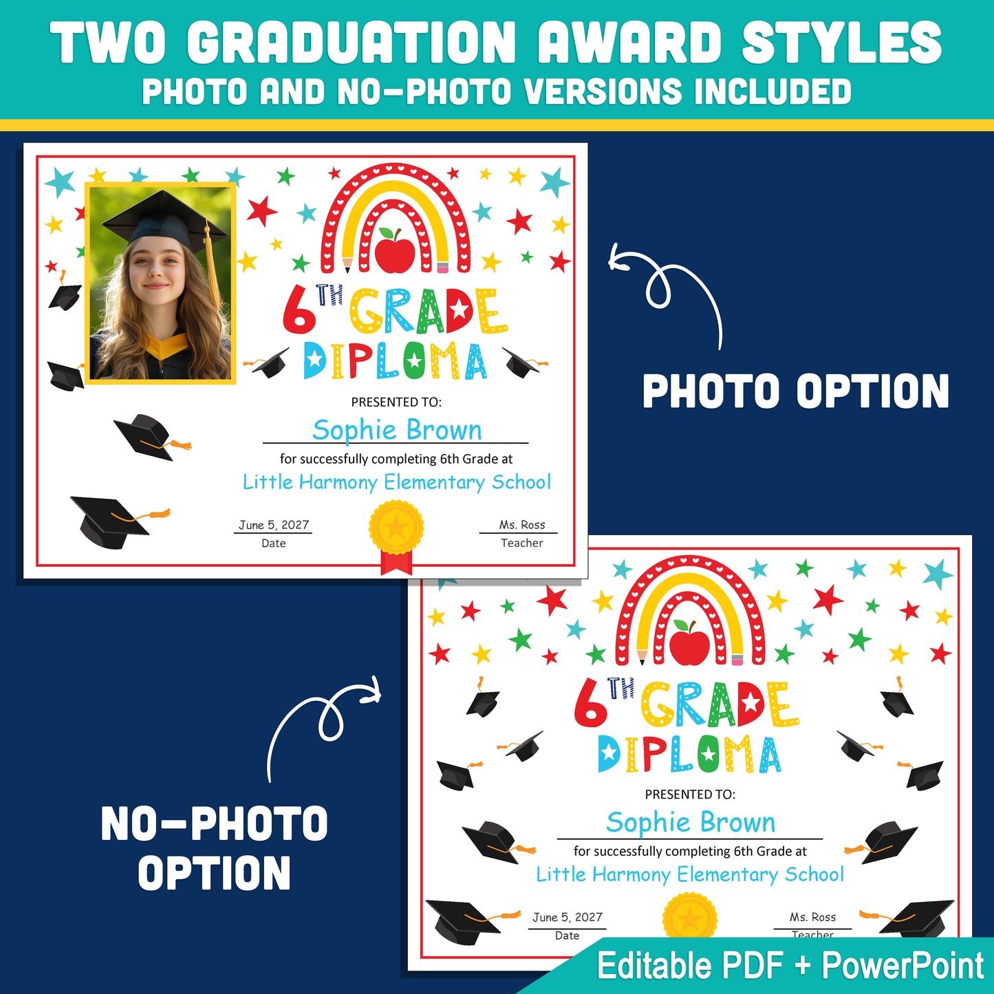 Editable 6th Graduation Diploma & Certificate Set, Rainbow Stars Graduation Awards, Photo or No-Photo Options, Edit in PDF, PowerPoint, Canva