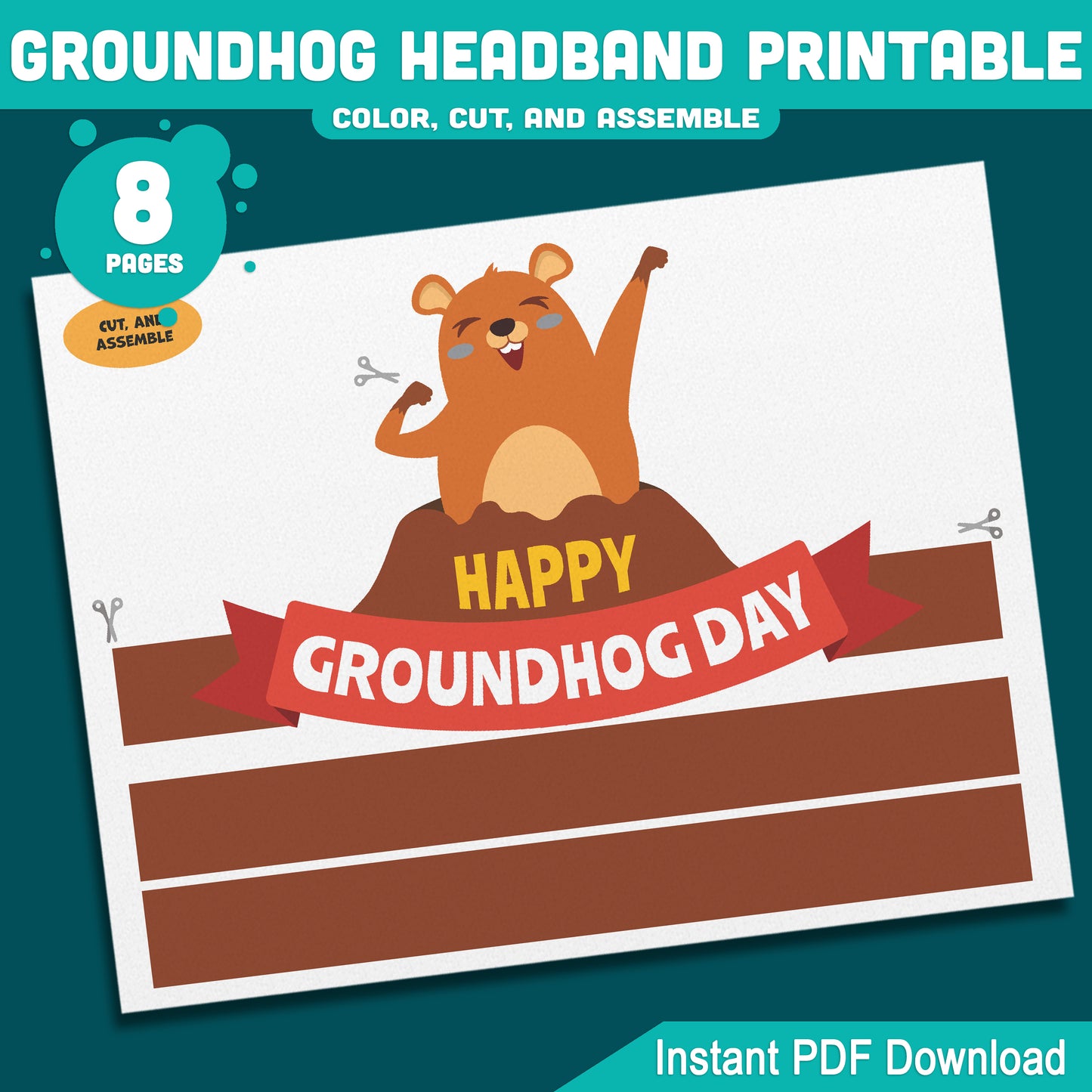 Printable Groundhog Day Headband & Crown Crafts for Kids, Fun Paper Hat Craft, Color Cut and Wear Crown Activity, Pre-color + Black & White