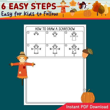 Fall Directed Drawing, Learn to Draw Scarecrow, Pumpkin, Acorn, Leaf & Turkey, 6-Step Printable Art Activity, 5 Coloring Pages, A4, US Letter
