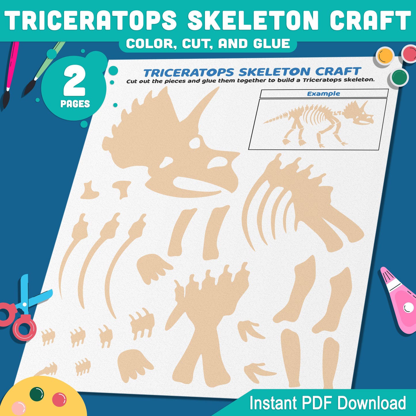 Triceratops Skeleton Craft, Dinosaur Cut and Paste Activity, Printable Pre-Colored & Black and White, US Letter, A4 PDF