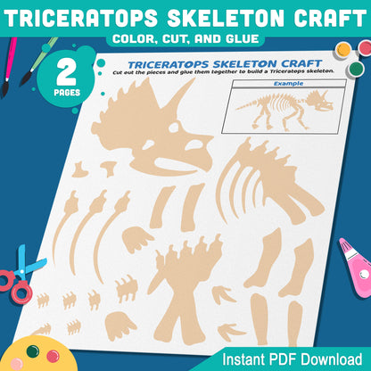Triceratops Skeleton Craft, Dinosaur Cut and Paste Activity, Printable Pre-Colored & Black and White, US Letter, A4 PDF