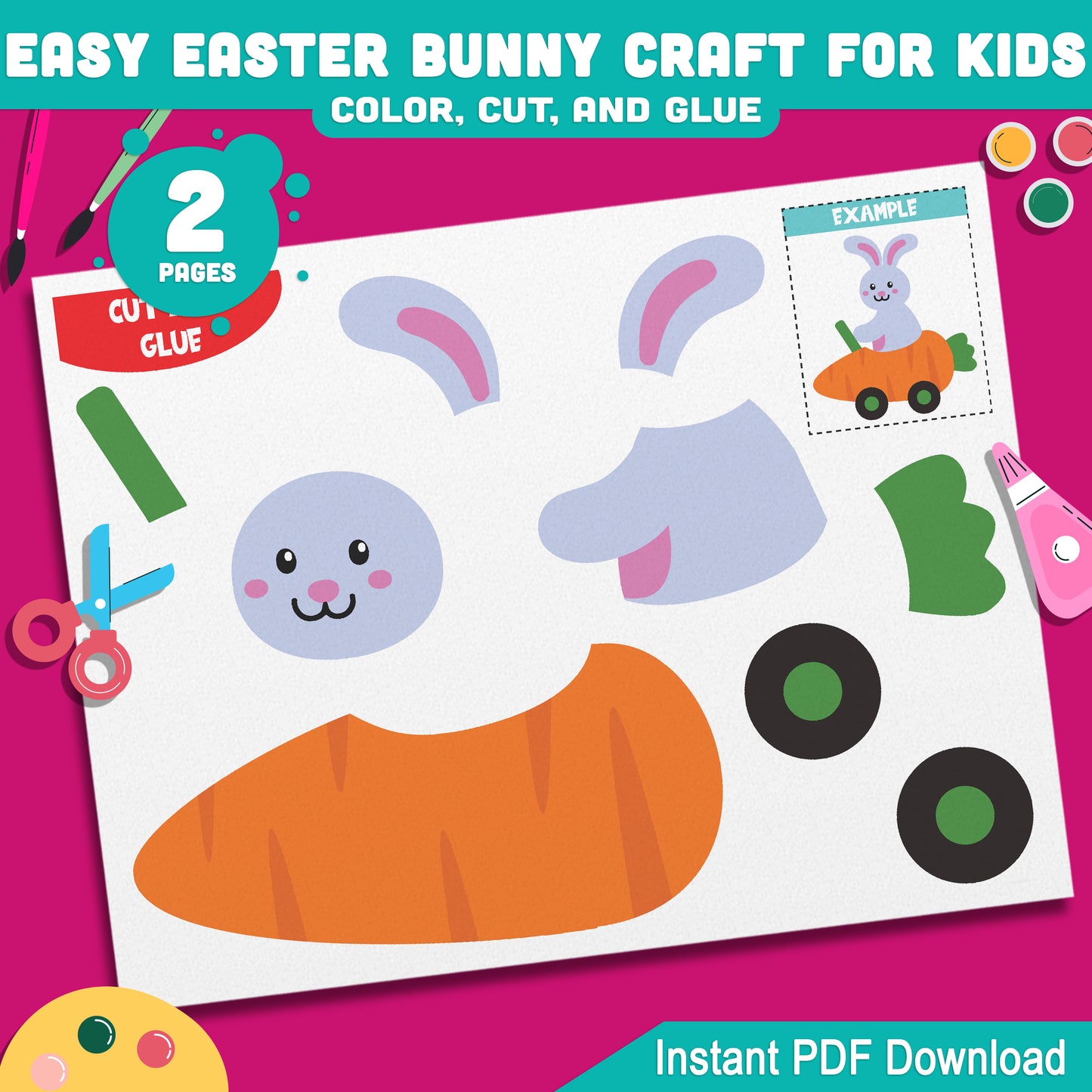 Easy Easter Bunny Craft for Kids, Printable Spring Cut and Paste Craft, Bunny Bulletin Board Activity, High Resolution PDF Files, Instant Download