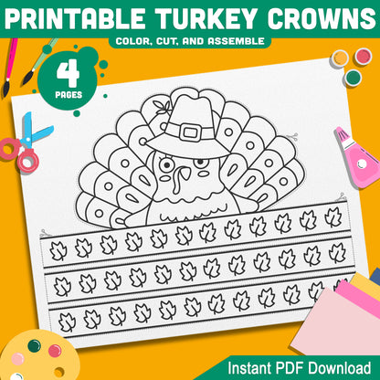 Turkey Crown Craft for Kids – 4 Printable Paper Hat Templates for Thanksgiving Celebrations and Party Bags, Easy PDF Instant Download!