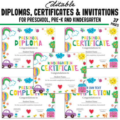 37 Customizable Kids' Drawing Pencil-Themed Pre-K, Kindergarten, and Preschool Diplomas, Certificates, and Invitation Templates (PDF)