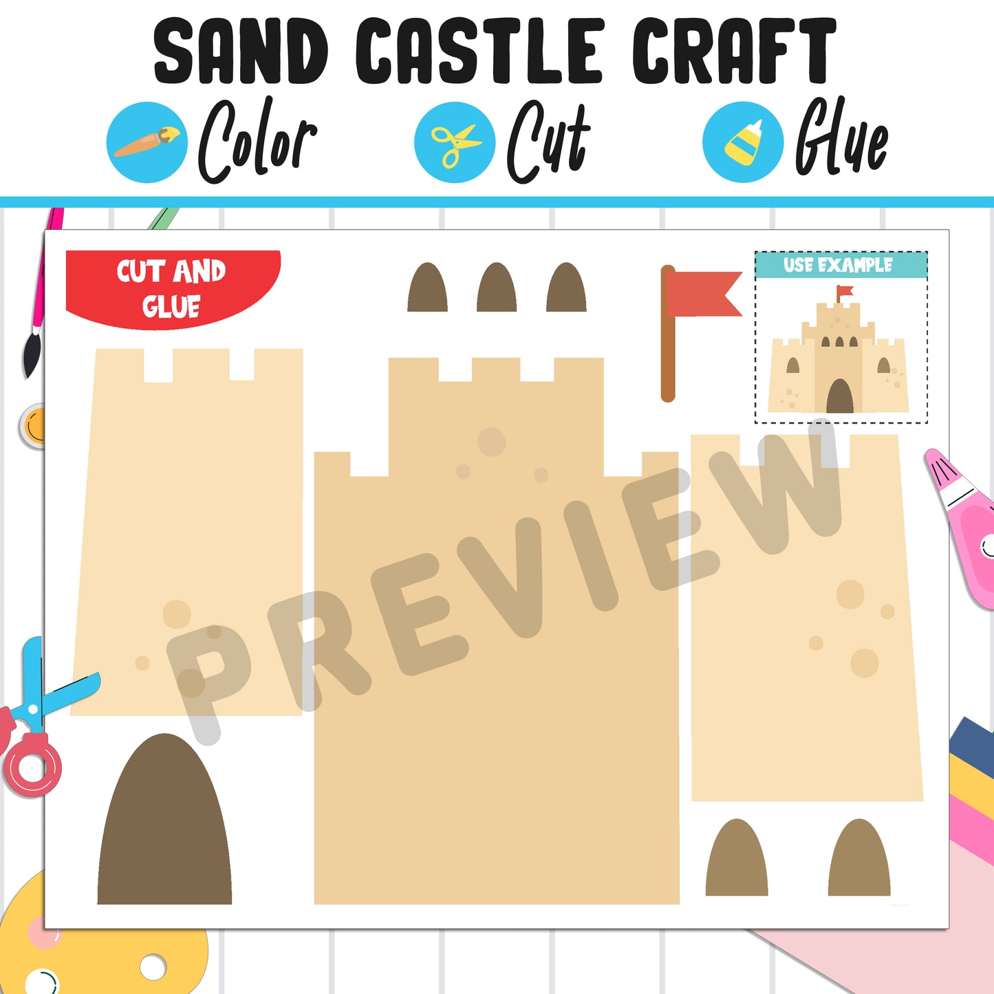 Build a Sandcastle: Summer Craft Activity for Kids - Color, Cut, and Glue Fun for Pre K to 2nd Grade, Instant PDF Download