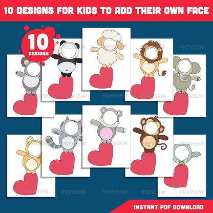 Valentine Animal Add Your Own Photo Crafts, Valentine Animal Body Templates with Coloring Pages, Valentine Art Activity for Kids, PDF & PNG