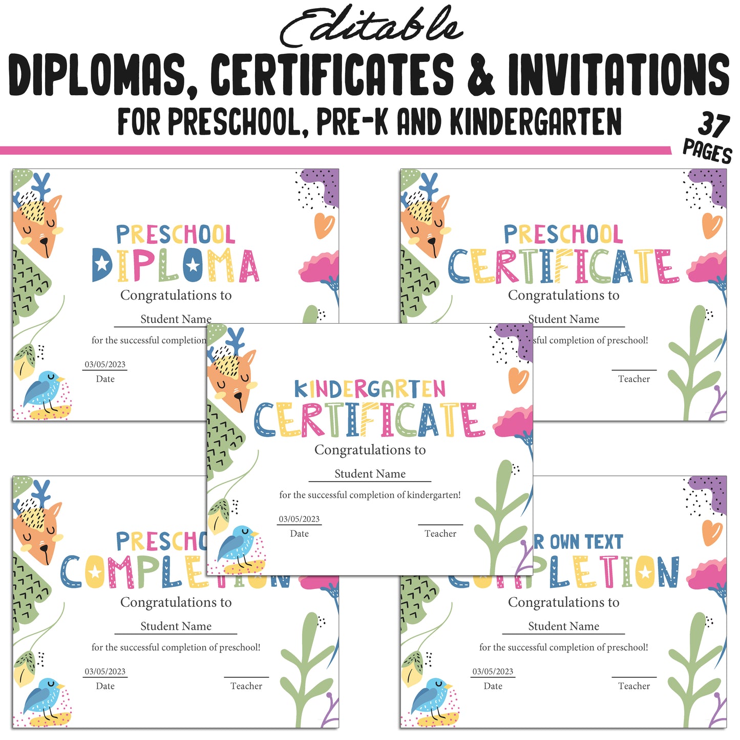 Preschool, Pre K, Kindergarten Graduation Certificates, Diplomas & Invitations, 37 Customizable PDF Pages, Instant Download