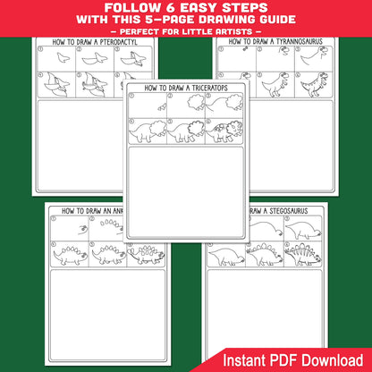 Dinosaur Directed Drawings for Kids, Easy Drawing Guide Worksheets with Triceratops Pterodactyl Tyrannosaurus Ankylosaurus Stegosaurus and Coloring Pages