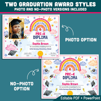 Pre-K Graduation Certificates, Watercolor Rainbow Awards for Moving Up Celebration, Editable Printable Pre-K Set with Photo or No Photo, PDF PowerPoint
