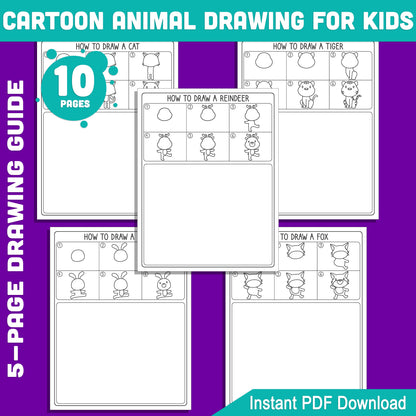 How to Draw Cartoon Animals: 5-Page Step-by-Step Guide Featuring Bunny, Reindeer, Fox, Cat, and Tiger + 5 Fun Coloring Pages for Kids’ Creativity.