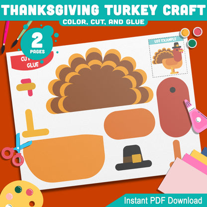 Cute & Simple Thanksgiving Turkey Craft: Fun Color, Cut, and Glue Activity for Kids – Perfect for Thanksgiving Art Projects, Instant Download