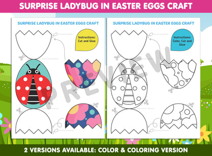 Surprise Ladybug in Easter Eggs Craft, Color, Cut & Glue, Available in Color and Coloring Versions, Instant PDF Download