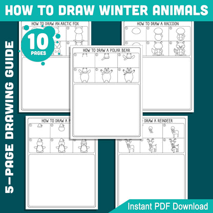 Learn to Draw Winter Animals for Kids: Step-by-Step Drawing Tutorial with 5 Coloring Pages Featuring Polar Bear, Penguin, Reindeer, Arctic Fox, Raccoon, PDF Download