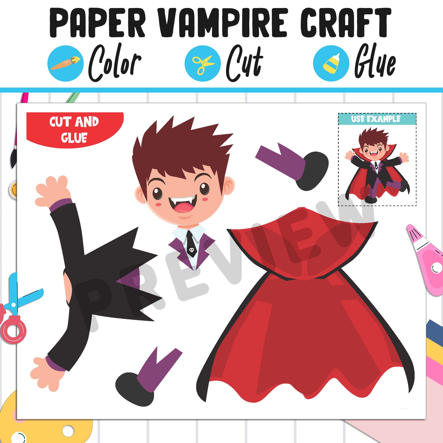 Paper Vampire Craft for Kids: Color, Cut, and Glue, a Fun Activity for Pre K to 2nd Grade, PDF Instant Download