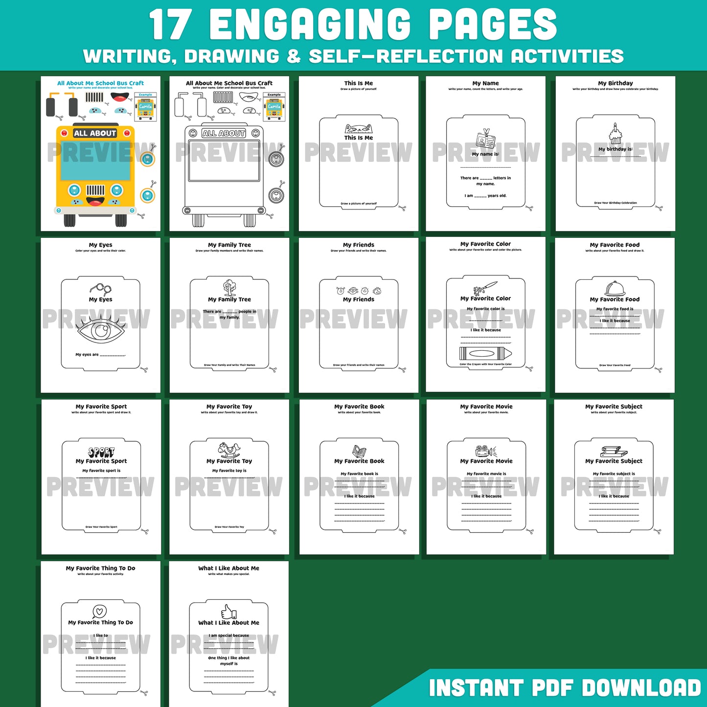 All About Me School Bus Craft, Student Introduction Book, First Week Back to School Activity, Printable PDF