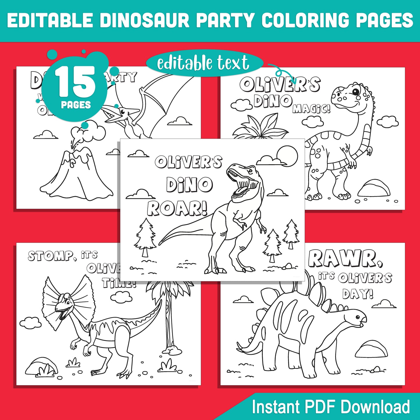 Fun Dinosaur Birthday Coloring Pages: 15 Printable Party Sheets, Perfect for Kids’ Dino-Themed Celebrations - Editable PDF File, Instant Download