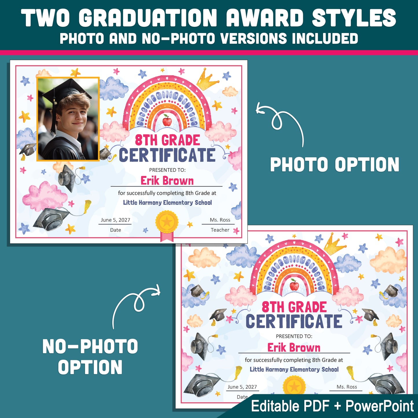 8th Grade Completion Certificate, Eighth Grade Graduation End of School Year Awards, Editable Rainbow Stars, Photo and No Photo, PDF and PowerPoint