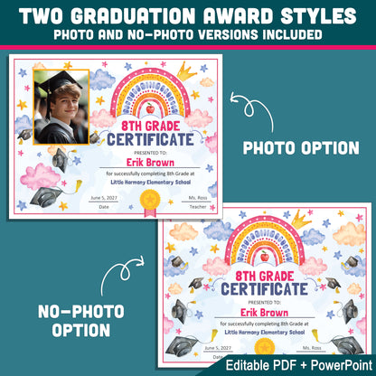 8th Grade Completion Certificate, Eighth Grade Graduation End of School Year Awards, Editable Rainbow Stars, Photo and No Photo, PDF and PowerPoint