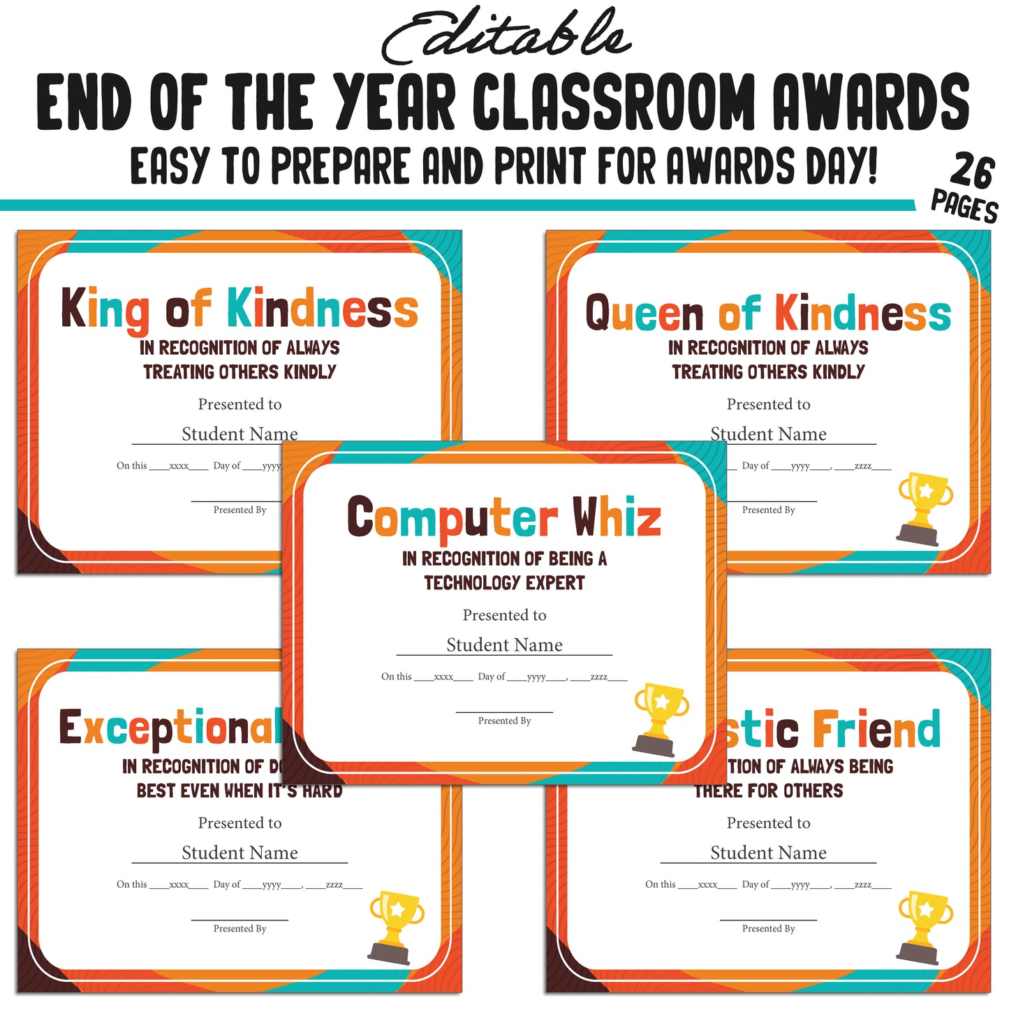 Editable Class Superlative End-of-Year Student Awards, 26 Pages, PDF, Instant Download – Perfect for Classroom and Student Achievements.