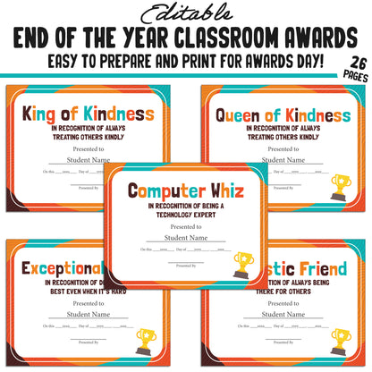 Editable Class Superlative End-of-Year Student Awards, 26 Pages, PDF, Instant Download – Perfect for Classroom and Student Achievements.