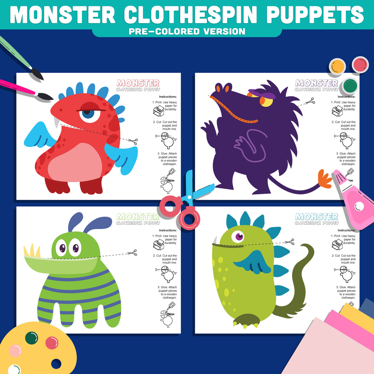 Halloween Monster Clothespin Puppets, Printable Craft for Kids