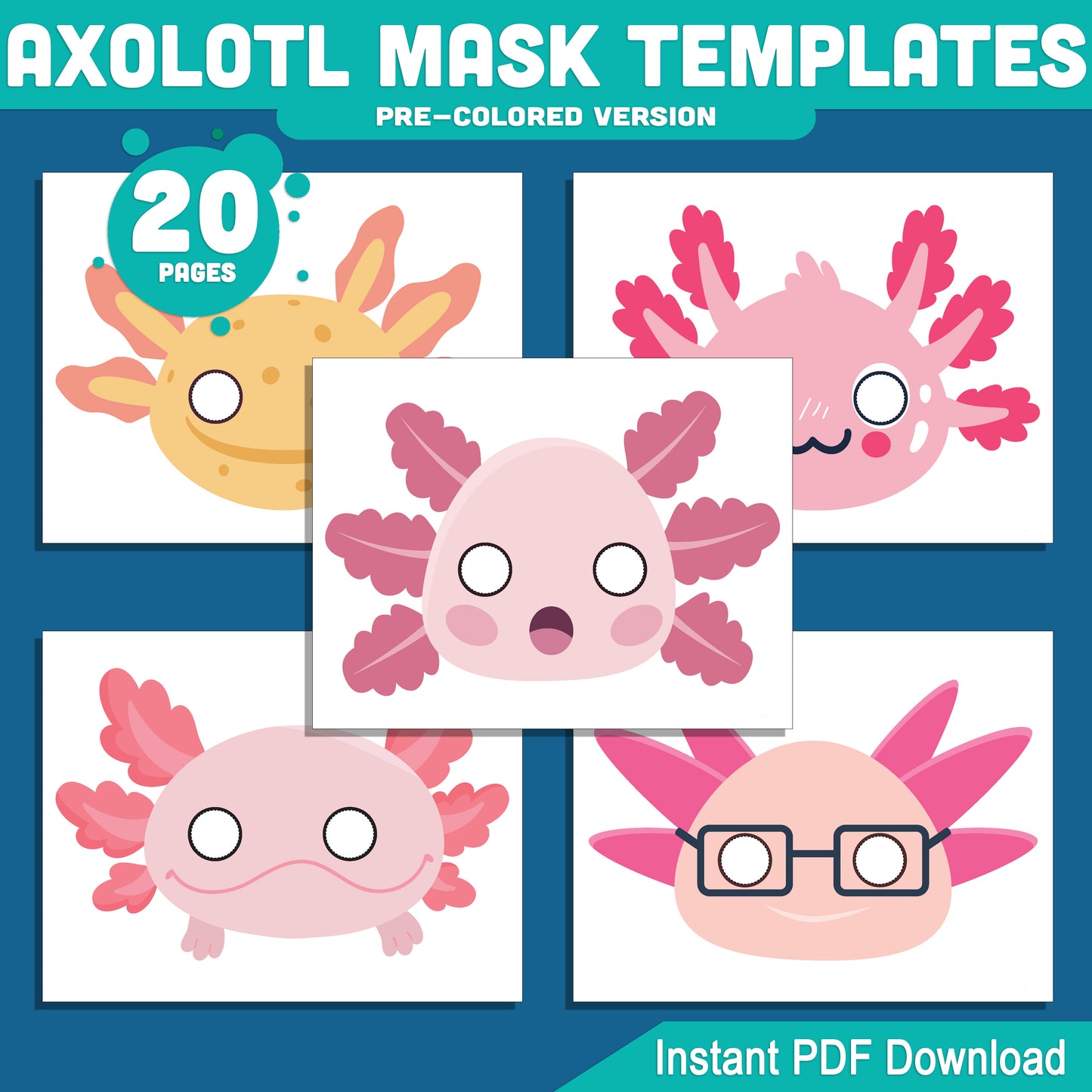 Axolotl (Ajolote) Mask Templates for Kids: Fun Printable Craft with Pre-Colored & Black and White Options, 20 Pages, PDF Instant Download