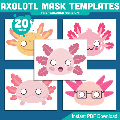 Axolotl (Ajolote) Mask Templates for Kids: Fun Printable Craft with Pre-Colored & Black and White Options, 20 Pages, PDF Instant Download