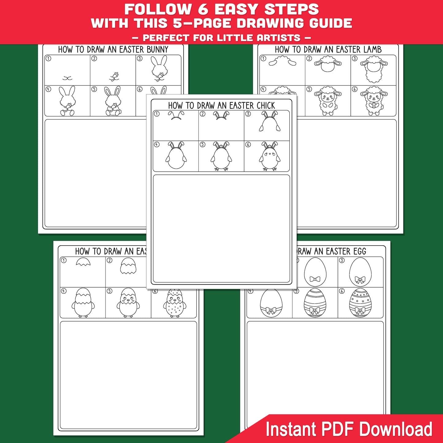 Easter Directed Drawing Worksheets – Step-by-Step Bunny, Chick, Egg & Lamb No Prep Printable Drawing Tutorial Guide for Kids PDF