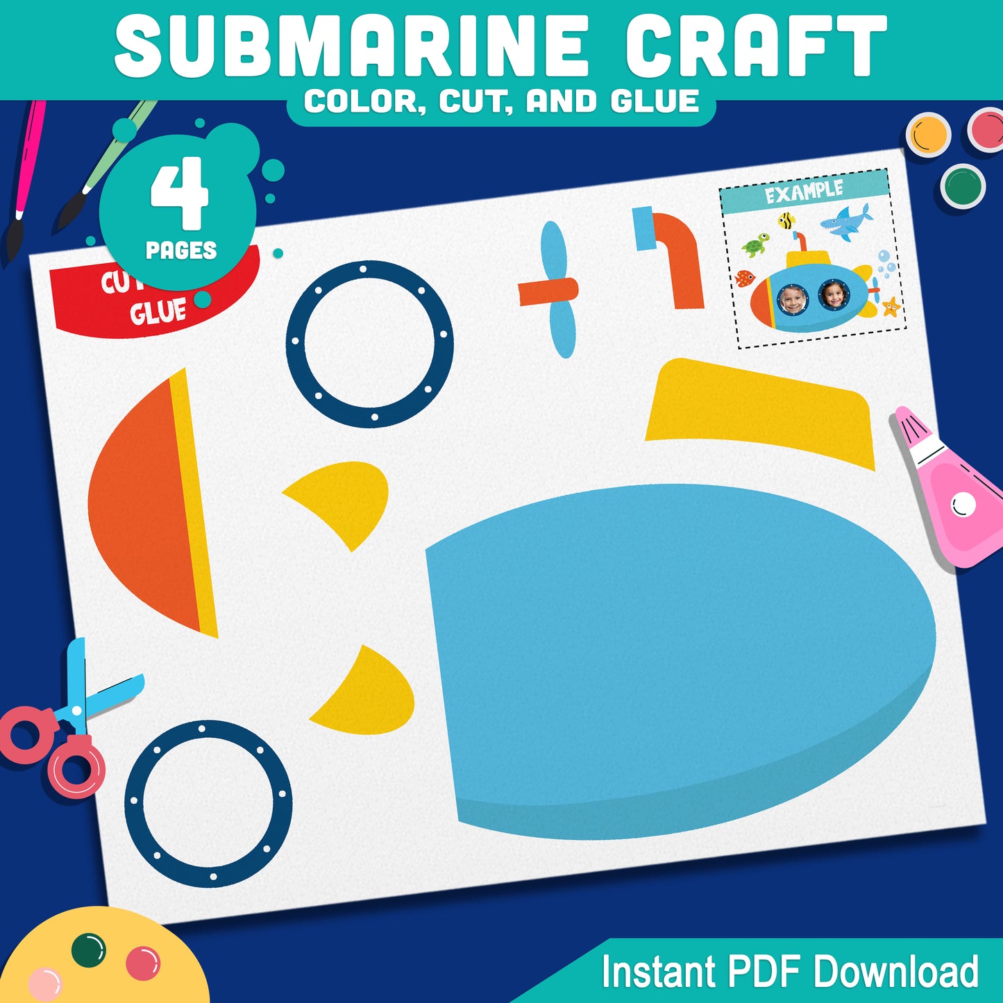 Under the Sea Submarine Photo Craft, Summer Printable Activity, Ocean-Themed Cut and Glue Project, Classroom Decor, Full Color and Outline Set