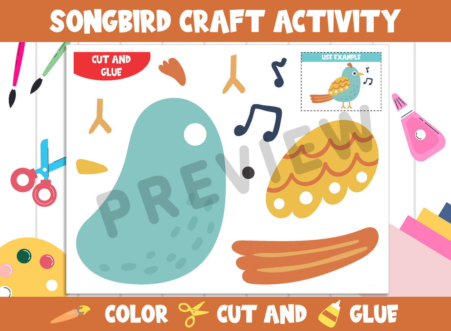 Songbird - Spring Craft Activity : Color, Cut, and Glue for PreK to 2nd Grade, PDF File, Instant Download