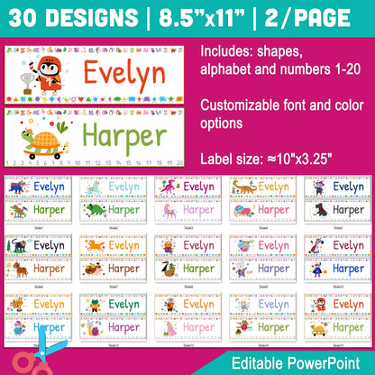 Printable Funny Animal Desk Tags: 30 Designs, Editable PowerPoint, Includes Alphabet, Shapes, Numbers 1-20, 8.5"x11", 2 Per Page for Kids