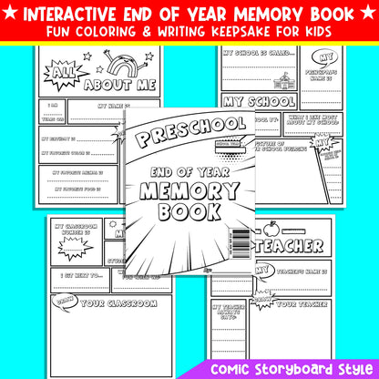 Preschool End of Year Memory Book – 24-Page Printable Comic-Style Keepsake for Coloring & Writing, Instant Download